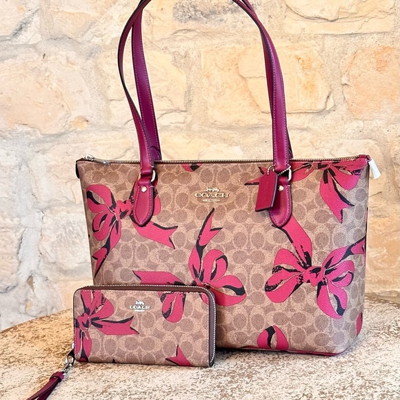 Coach Bow Gallery Signature Tote Handbag Wallet Set Brown Pink NWT - Picture 4 of 17